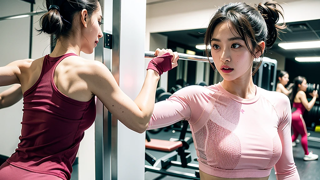 1girl, Running, gym, tight light pink workout clothes,