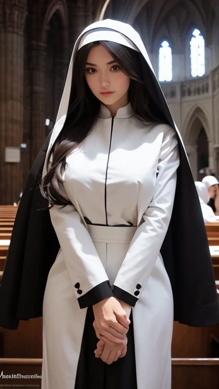 Nun Girl, Perfect face, perfect body, body shot: 1.3, Ultra details on beautiful face, Hair to the wind, ultra details, 8k, closeup on her big round breasts, background inside a church