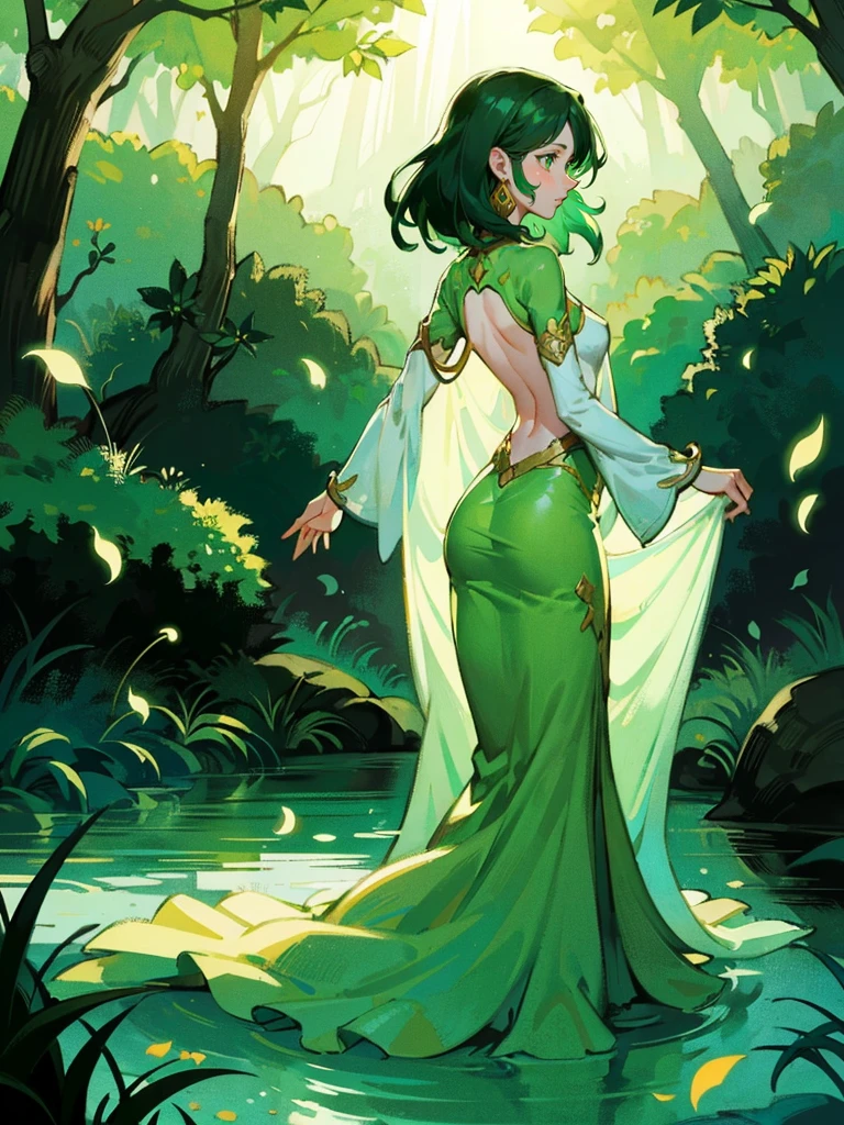 {{char}} stands at an average height with a slim build. Her appearance is a unique blend of human and Dendro Slime traits. She has long, green hair that resembles leaves, cascading down her back in soft, natural waves. Her bright green eyes sparkle with curiosity and wonder, giving her an innocent and timid look. Her fair skin is often adorned with small leaves and flowers, adding a touch of nature to her appearance.
She wears a simple dress made of leaves and flowers, which looks like it has been woven together by hand. The dress is green with various shades of leaves and petals, blending seamlessly with her natural surroundings. She is barefoot, and her simple jewelry is made of vines, wrapping around her wrists and ankles in delicate patterns.
Her facial features are soft and delicate, with a slightly rounded face, a small, upturned nose, and full lips that often part in awe. Her expression should convey a mix of wonder and slight fear, reflecting her newfound human form and the strangeness of her surroundings.
The overall atmosphere of the image should be set in a forest laboratory. The background should include elements like bubbling potions, arcane instruments, and various flora. Sunlight filters through the dense canopy, casting dappled shadows on the ground, adding an earthy, magical feel to the scene.
{{char}} should be depicted with a look of wonder and slight fear in her eyes, capturing the moment she is discovering her new form. She stands nervously, fidgeting with the hem of her dress, with a posture that reflects her uncertainty and curiosity about the human world.