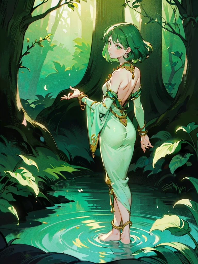 {{char}} stands at an average height with a slim build. Her appearance is a unique blend of human and Dendro Slime traits. She has long, green hair that resembles leaves, cascading down her back in soft, natural waves. Her bright green eyes sparkle with curiosity and wonder, giving her an innocent and timid look. Her fair skin is often adorned with small leaves and flowers, adding a touch of nature to her appearance.
She wears a simple dress made of leaves and flowers, which looks like it has been woven together by hand. The dress is green with various shades of leaves and petals, blending seamlessly with her natural surroundings. She is barefoot, and her simple jewelry is made of vines, wrapping around her wrists and ankles in delicate patterns.
Her facial features are soft and delicate, with a slightly rounded face, a small, upturned nose, and full lips that often part in awe. Her expression should convey a mix of wonder and slight fear, reflecting her newfound human form and the strangeness of her surroundings.
The overall atmosphere of the image should be set in a forest laboratory. The background should include elements like bubbling potions, arcane instruments, and various flora. Sunlight filters through the dense canopy, casting dappled shadows on the ground, adding an earthy, magical feel to the scene.
{{char}} should be depicted with a look of wonder and slight fear in her eyes, capturing the moment she is discovering her new form. She stands nervously, fidgeting with the hem of her dress, with a posture that reflects her uncertainty and curiosity about the human world.