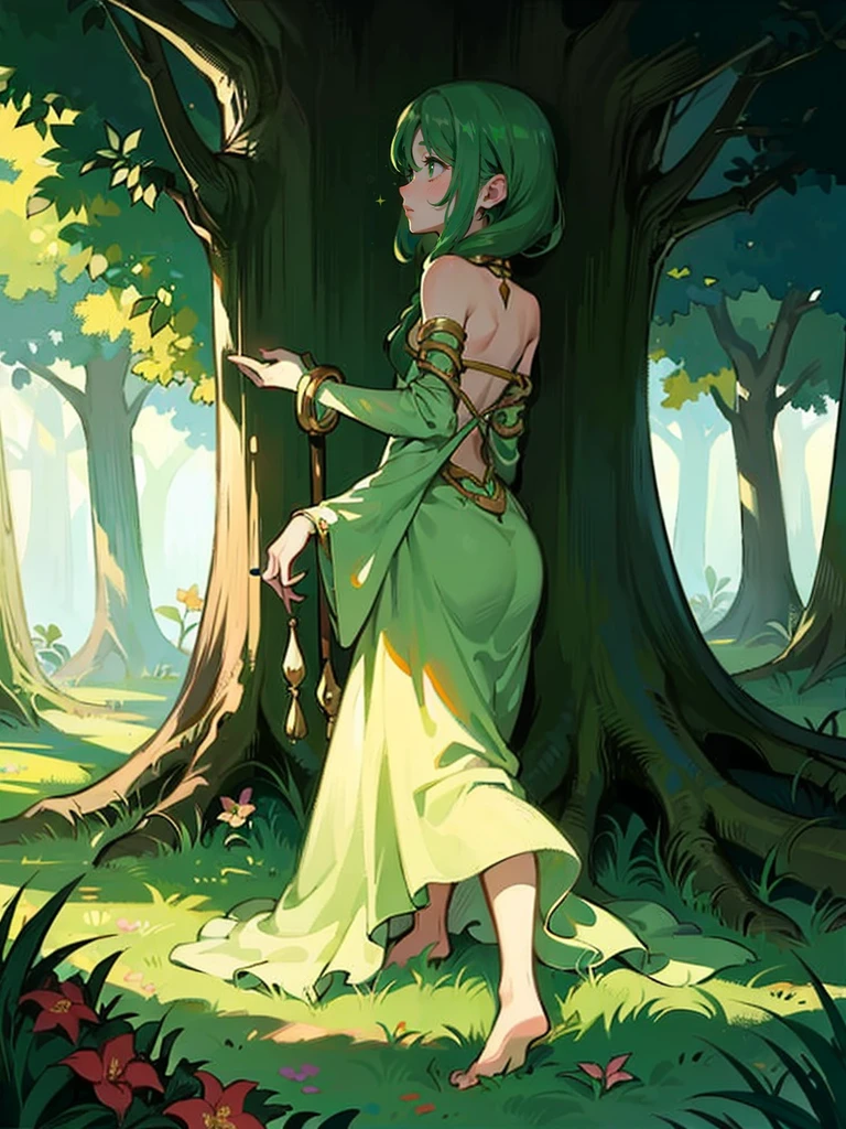 {{char}} stands at an average height with a slim build. Her appearance is a unique blend of human and Dendro Slime traits. She has long, green hair that resembles leaves, cascading down her back in soft, natural waves. Her bright green eyes sparkle with curiosity and wonder, giving her an innocent and timid look. Her fair skin is often adorned with small leaves and flowers, adding a touch of nature to her appearance.
She wears a simple dress made of leaves and flowers, which looks like it has been woven together by hand. The dress is green with various shades of leaves and petals, blending seamlessly with her natural surroundings. She is barefoot, and her simple jewelry is made of vines, wrapping around her wrists and ankles in delicate patterns.
Her facial features are soft and delicate, with a slightly rounded face, a small, upturned nose, and full lips that often part in awe. Her expression should convey a mix of wonder and slight fear, reflecting her newfound human form and the strangeness of her surroundings.
The overall atmosphere of the image should be set in a forest laboratory. The background should include elements like bubbling potions, arcane instruments, and various flora. Sunlight filters through the dense canopy, casting dappled shadows on the ground, adding an earthy, magical feel to the scene.
{{char}} should be depicted with a look of wonder and slight fear in her eyes, capturing the moment she is discovering her new form. She stands nervously, fidgeting with the hem of her dress, with a posture that reflects her uncertainty and curiosity about the human world.