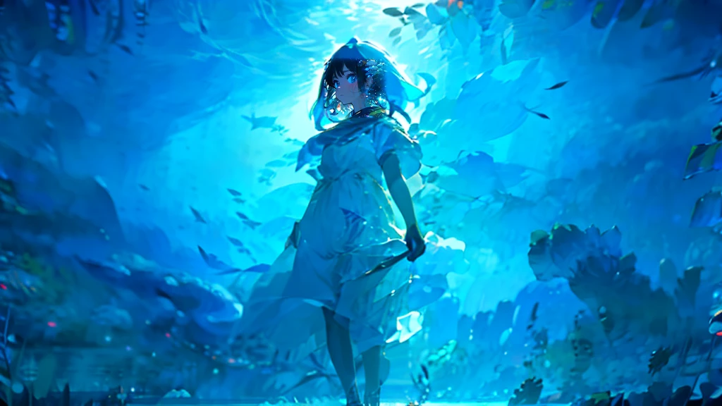 (Pieces fly), (Highest quality), Very detailed, 1 Girl, Perfect Face, (Solo full body shot:1.3), Very detailed顔，(Short bob with blue hair:1.5)，(blue eyes:1.4)，(Underwater:1.4)，(White Dress:1.5)，Ocean，Big whale、Big whale、School of small fish，Light，bubble，jellyfish，Ocean藻，(深Ocean:1.4)，Fantasy，Ocean底，float，(smile:1.3)