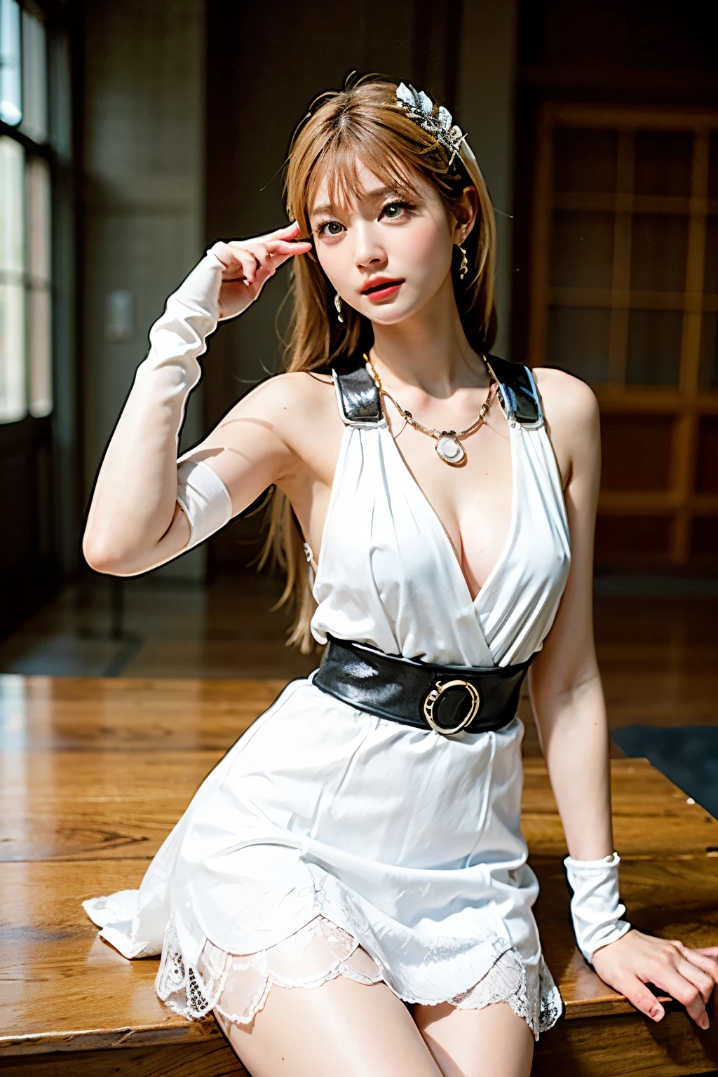 Armpit Show,(Tabletop:1.4),(Highest quality:1.4),(Absurd:1.4),pin up,	Sophitia_whitedress_Loving wife,	Sophitia_whitedress_Loving wife,Blonde,Large Breasts,Long Hair,Braiding,blue eyes,jewelry,arms,Cleavage,sword,armor,shield,Earrings,single Braiding,dress,Belt Bag,See-through,Covered nipples,armored dress,Huge breasts,hair ornaments,white dress,holding arms,very Long Hair,lips,Bare shoulders,bangs,gloves,Hair Ribbon,necklace,skirt,clavicle,feather,Revealing clothing,Bracelet,elbow gloves,Greek clothing,Braidinged ponytail,		(Absurd, High resolution, Believable_Absurd:1.4),scenery,Tabletop,