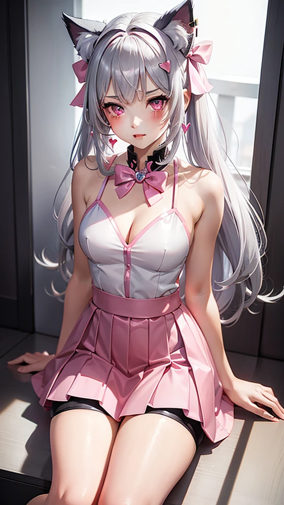 Silver hair, pink eyes, body, cat ears, sexy girl, earrings, hearts background fantasy, red pink skirt uniform, hair bows, sit down
