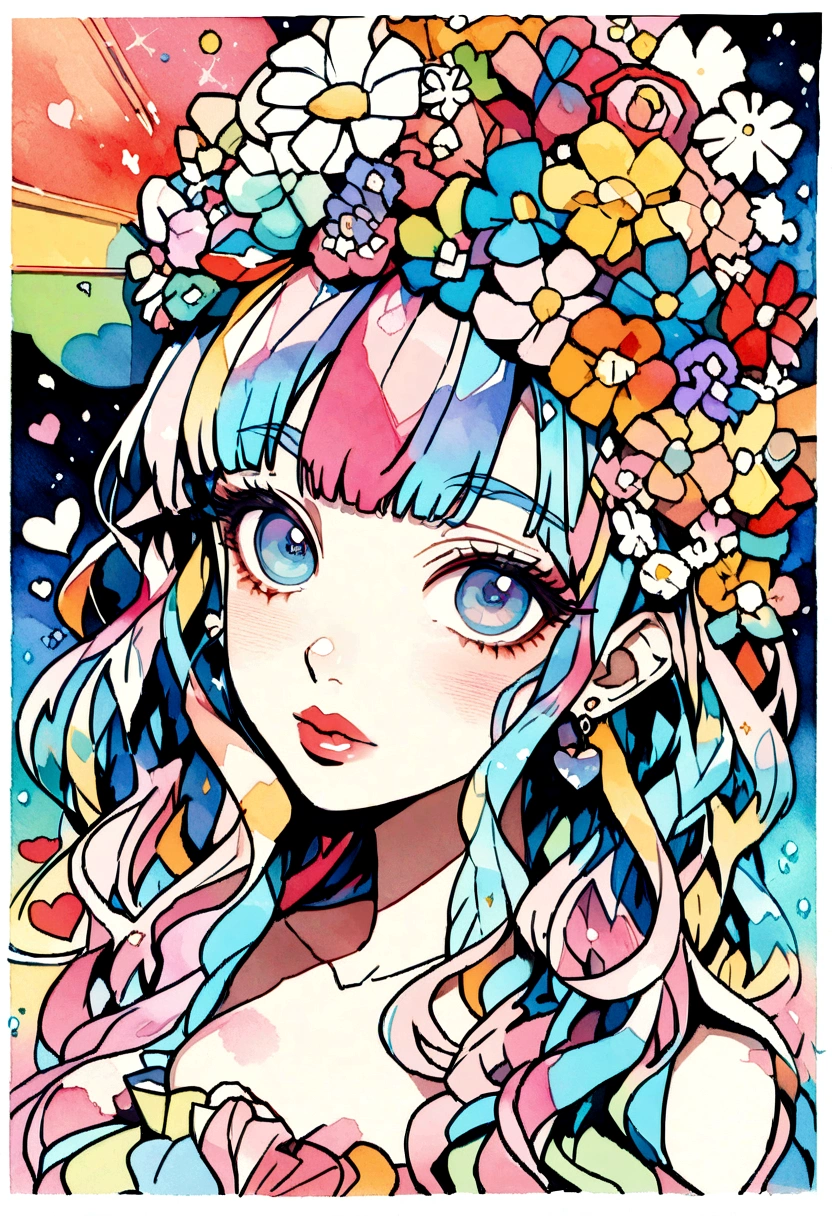 Mai Yoneyama Style、(((stylish fashion))), 8K Quality、Intense watercolor, Detailed watercolor art, Watercolor splash, Surreal, avant-garde pop art, Beautiful and expressive paintings, Beautiful artwork illustration, Very colorful tones, wonderful, Cool beauty, highest quality、Official Art, Vector art, Stylish design, (((The most beautiful girl))), (((highest quality))), HDR, ((detailed)), (((Doodle Art)), ((masterpiece)), ((Super detailed)), (((Colorful flowers))), colorful hearts, (((Stylish))), Lips in love