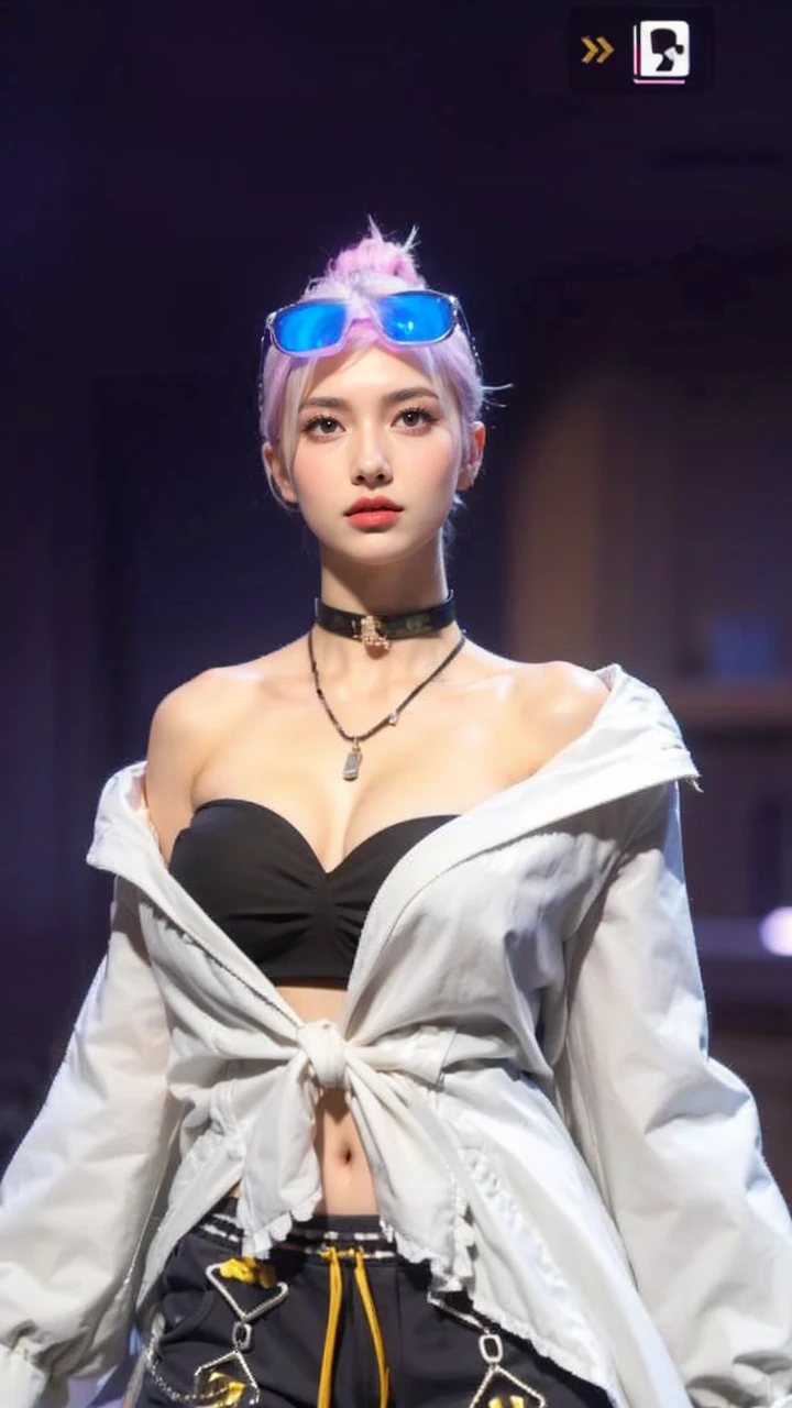 Skin Tight Black Top:1.2、looking at viewert、cinematlic lighting、A perfect、softlight、High resolution skin:1.2、realistic skin textures、Lifelike face、Beautiful red eyes、off shoulders、Exposed cleavage、short-hair、no-makeup、Bust B Cup