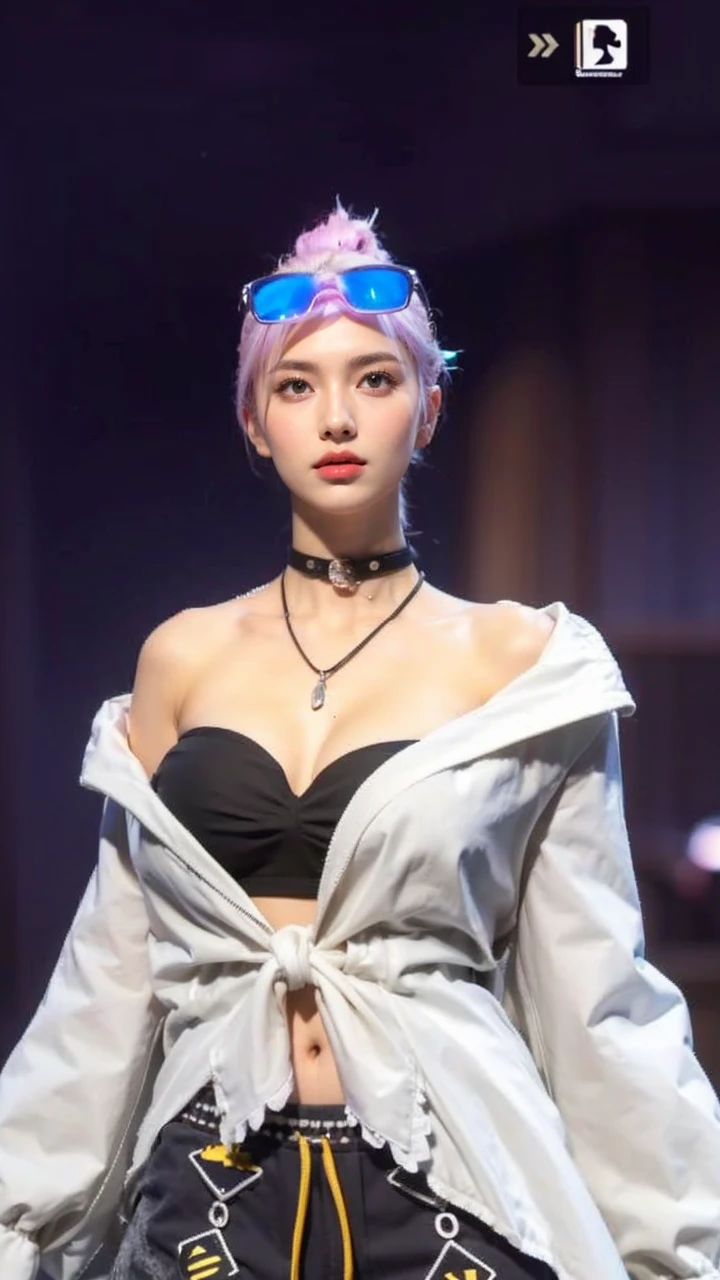 Skin Tight Black Top:1.2、looking at viewert、cinematlic lighting、A perfect、softlight、High resolution skin:1.2、realistic skin textures、Lifelike face、Beautiful red eyes、off shoulders、Exposed cleavage、short-hair、no-makeup、Bust B Cup