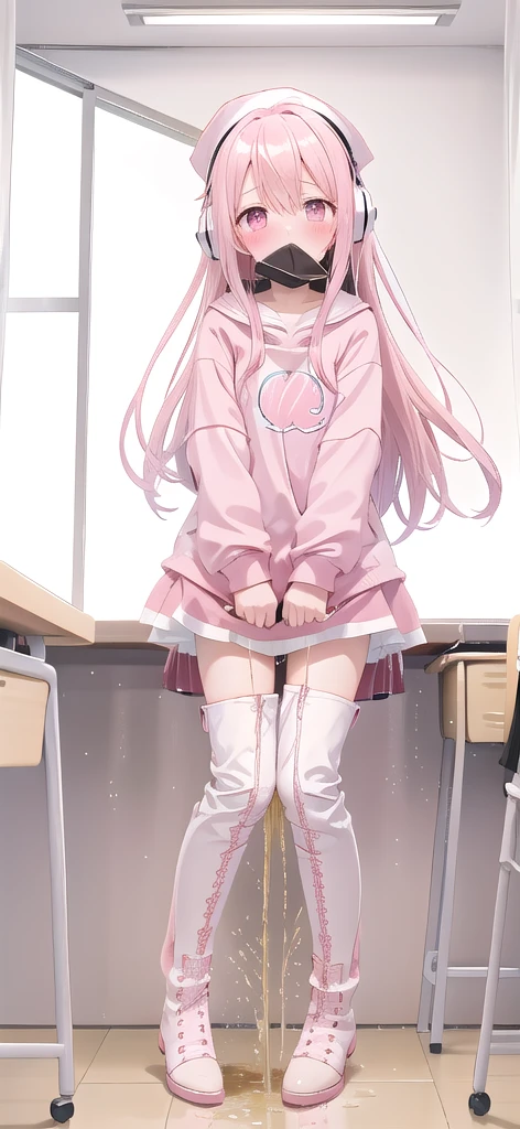 Pink long hair,Pink and white sweatshirt,Pink Eyes,White pantyhose,Black headphones,White boots,blush shy,Leaking urine(1.2)classroom scene,eternal, cry, , Tears flow from the eyes, The embarrassment comes from, blush), (Girl is peeing: 1.2),, Look away, sit, Awkward, blush, Mouth slightly open, classroom (Girl Leaking urine): 1.5)