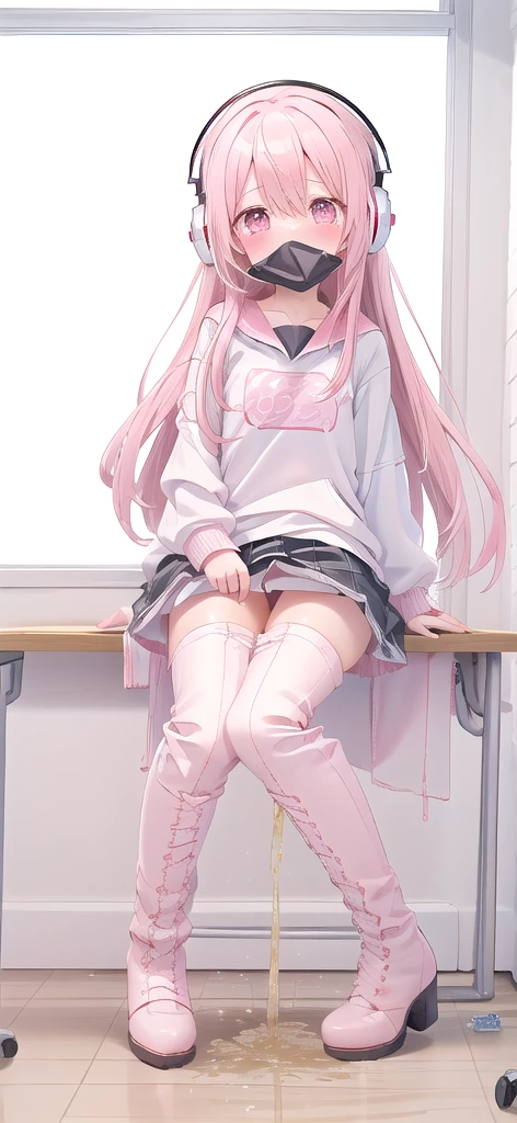 Pink long hair，Pink and white sweatshirt，Pink Eyes，White pantyhose，Black headphones，White boots，blush shy，Leaking urine（1.2）classroom scene，eternal, cry, , Tears flow from the eyes, The embarrassment comes from, blush), (Girl is peeing: 1.2),, Look away, sit, Awkward, blush, Mouth slightly open, classroom (Girl Leaking urine): 1.5)