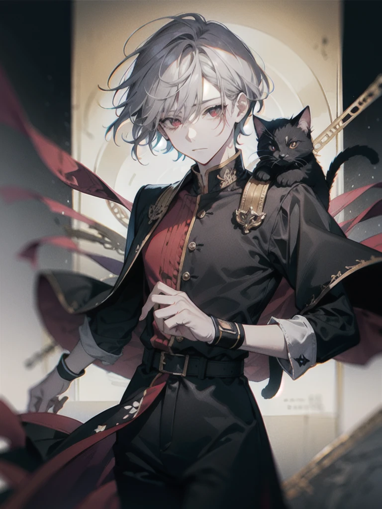 Best quality, highly detailed, masterpiece, ultra detailed, waist up, 1 boy, bar background simple background, delicate eyes, ), boy with gray hair and cat ear, red eye, wearing black shirt, dynamic lighting, dynamic effect, cinematic light, anime