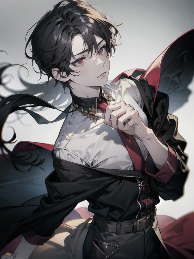 Best quality, highly detailed, masterpiece, ultra detailed, waist up, 1 boy, bar background simple background, delicate eyes, ), boy with gray hair and cat ear, red eye, wearing black shirt, dynamic lighting, dynamic effect, cinematic light, anime