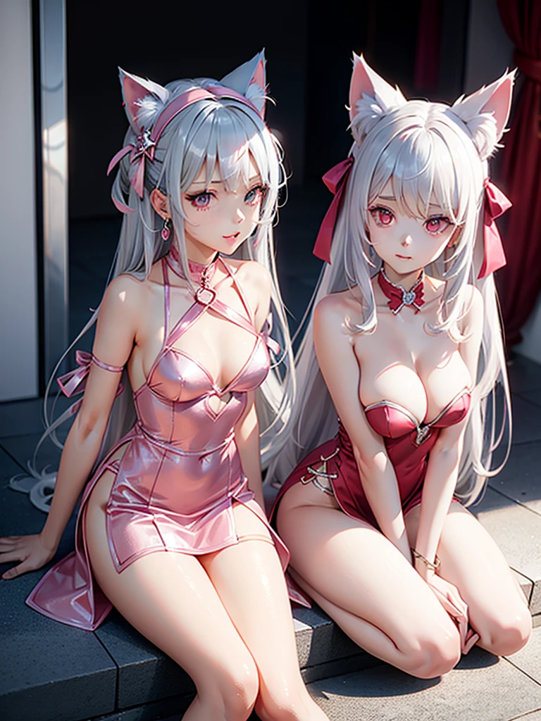 Silver hair, pink eyes, body, cat ears, y girl, earrings, background fantasy, red pink dress uniform, hair bows, sit down 