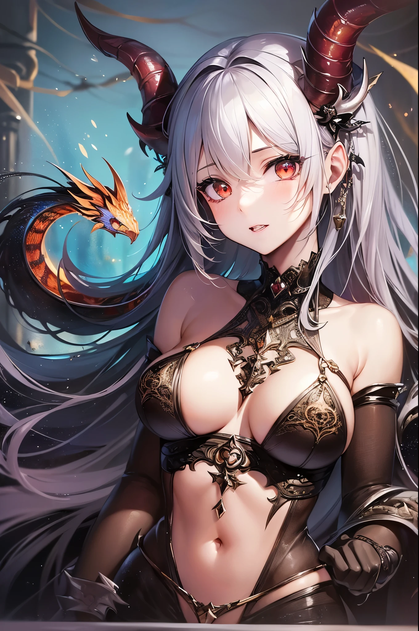 ((Highest quality)),(Ultra-high resolution),(Very detailed),(Detailed Description),((The best CG)),(A masterpiece),Ultra-detailed art,Amazing painting art,(Fantasy art with intricate detail:1.5), (nightmare:1.6),(Female Devil:1.5),spider,snake,goat,bat,Dragon,((Fusion:1.6))