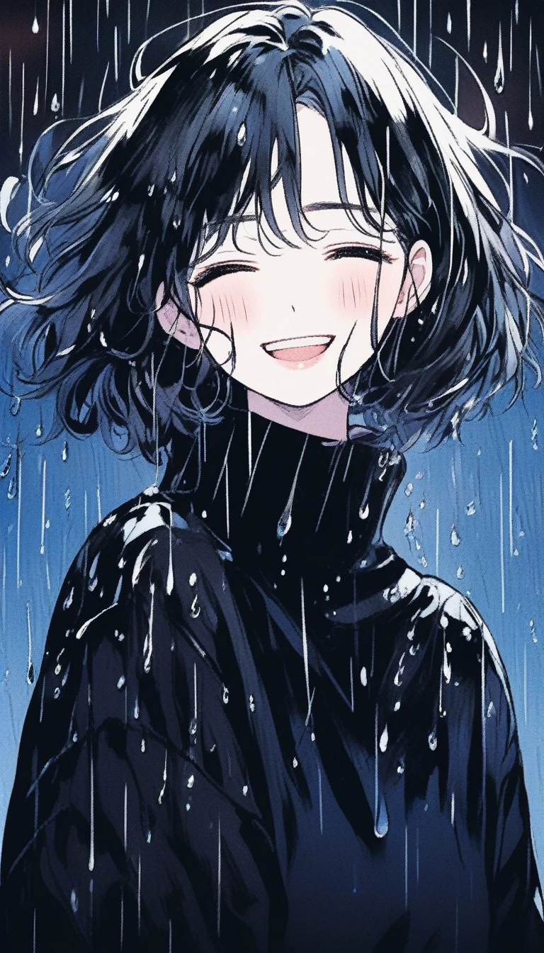 Illustrator, anime , Realistic ,sketch , smile、Laughing with your mouth open、Abstract rain on background、1 girl, ,lip, sweater,order, Black gradient background, black髪,Short Bob、blacktshirt、Textured Trim, Canadian, (masterpiece,Highest quality) Cancer