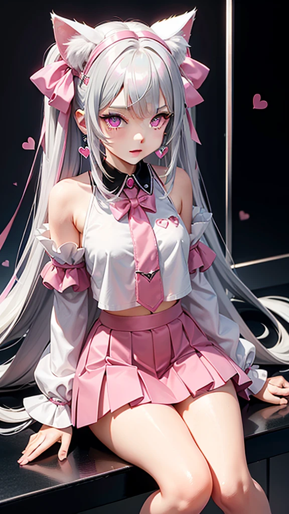 Silver hair, pink eyes, body, cat ears, sexy girl, earrings, hearts background fantasy, red pink skirt uniform, hair bows, sit down 