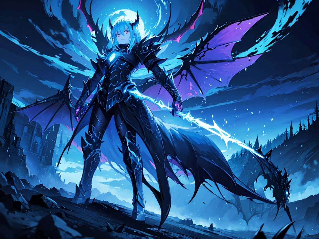 a demon lord rimuru tempest, demonic wings spread wide, floating in the air, dark fantasy, hyper detailed, intricate, masterpiece, 8k, photorealistic, dramatic lighting, cinematic composition, vibrant colors, powerful presence, majestic, awe-inspiring, ethereal, mystical, dramatic atmosphere