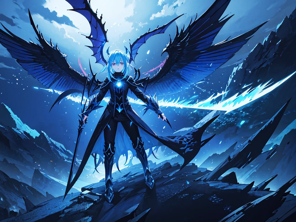 a demon lord rimuru tempest, demonic wings spread wide, floating in the air, dark fantasy, hyper detailed, intricate, masterpiece, 8k, photorealistic, dramatic lighting, cinematic composition, vibrant colors, powerful presence, majestic, awe-inspiring, ethereal, mystical, dramatic atmosphere