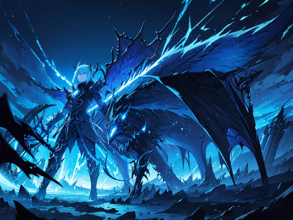 a demon lord rimuru tempest, demonic wings spread wide, floating in the air, dark fantasy, hyper detailed, intricate, masterpiece, 8k, photorealistic, dramatic lighting, cinematic composition, vibrant colors, powerful presence, majestic, awe-inspiring, ethereal, mystical, dramatic atmosphere