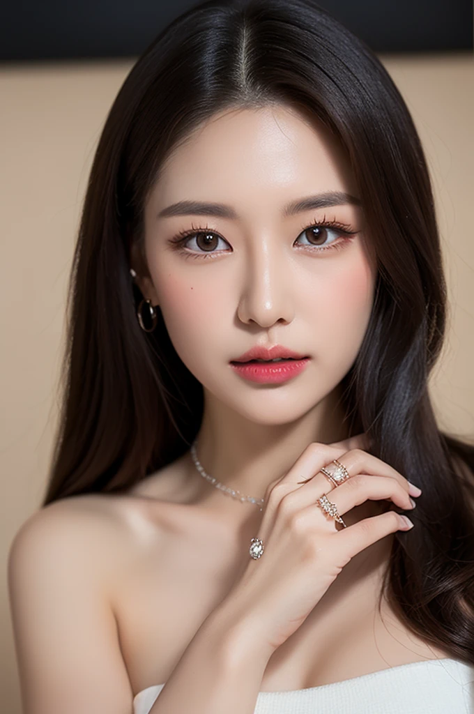 (Best quality, 8k, 32k, Masterpiece, UHD:1.2),Photo of Pretty Japanese woman, 1girl, (short dark brown hair), double eyelid, large breasts, casual white dress, jewelry, necklace, rings with diamond, touching ear