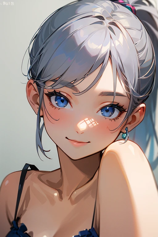 (masterpiece: 1.2, highest quality), (Actual Photos, Intricate details), 1. woman, alone, Upper Body, casual, Shoulder-length hair, Minimal makeup, Natural materials, Face close-up, smile, Home, Gray Hair, blue eyes, Shoulder Bare、ponytail、Swimwear、