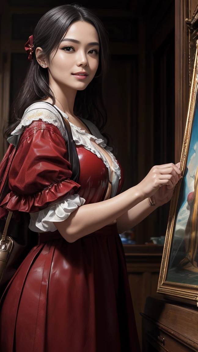 Best Quality, Masterpiece, Ultra-high resolution, (It&#39;s photorealistic:1.4), Raw photo, Japanese women , people々, (40 years old), Black Hair, Very short hair, EyesBeautiful Eyes, An angelic smile, A big smile, (Huge breasts:1.3), Muscular, (Narrow waist:1.4), Swimming Race Suit, (latex:1.4), (Yellow Bikini, (Realism), Synthetic Leather Bikini Skin、Skin that is very shiny after applying oil、Glowing Skin、High gloss skin:1.4)、(Esbian all over:1.6)、stage