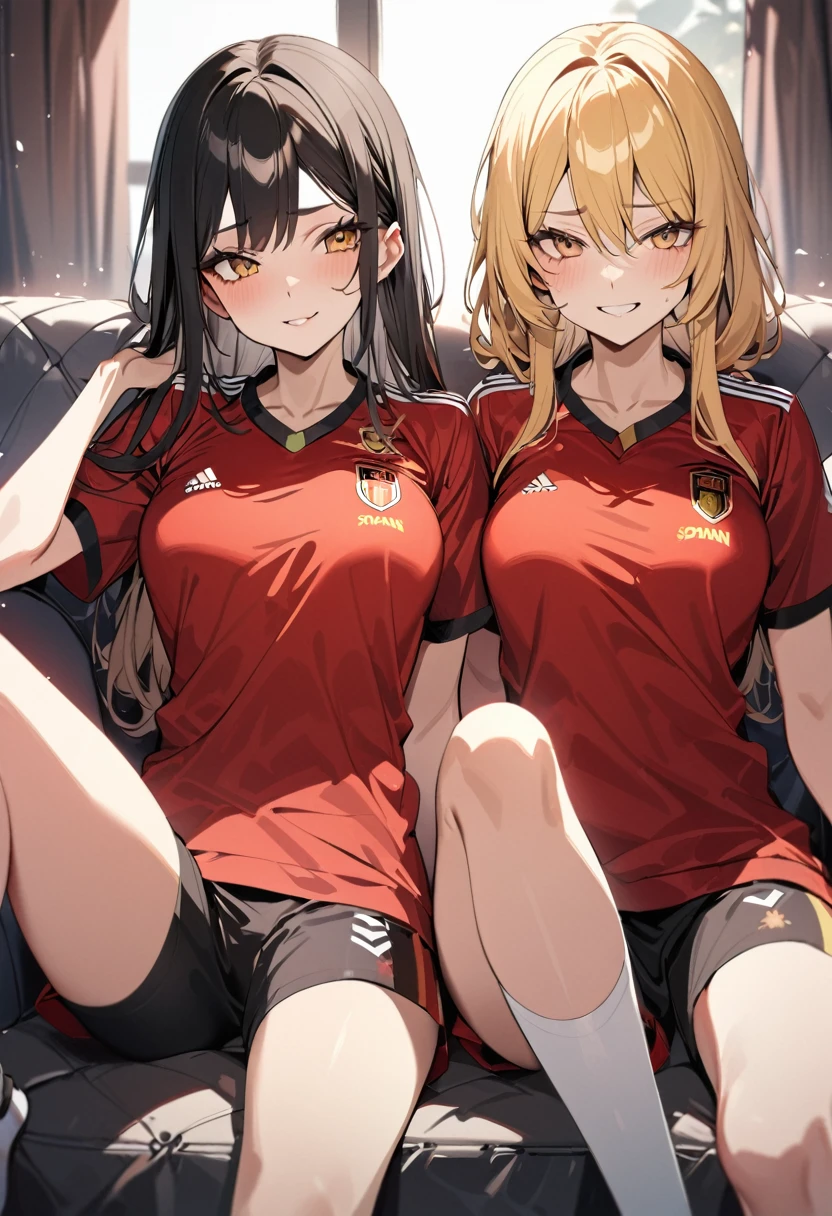 (award winning, 8k, super detailed, high resolution, best quality) , photography, (two girls), girl on the left with blonde hair in ((spain soccer uniform)) and smirk expression, girl on the right with black hair in ((germany soccer uniform)) and (timid expression), (sitting side by side), ((beautiful girls)), watching football.