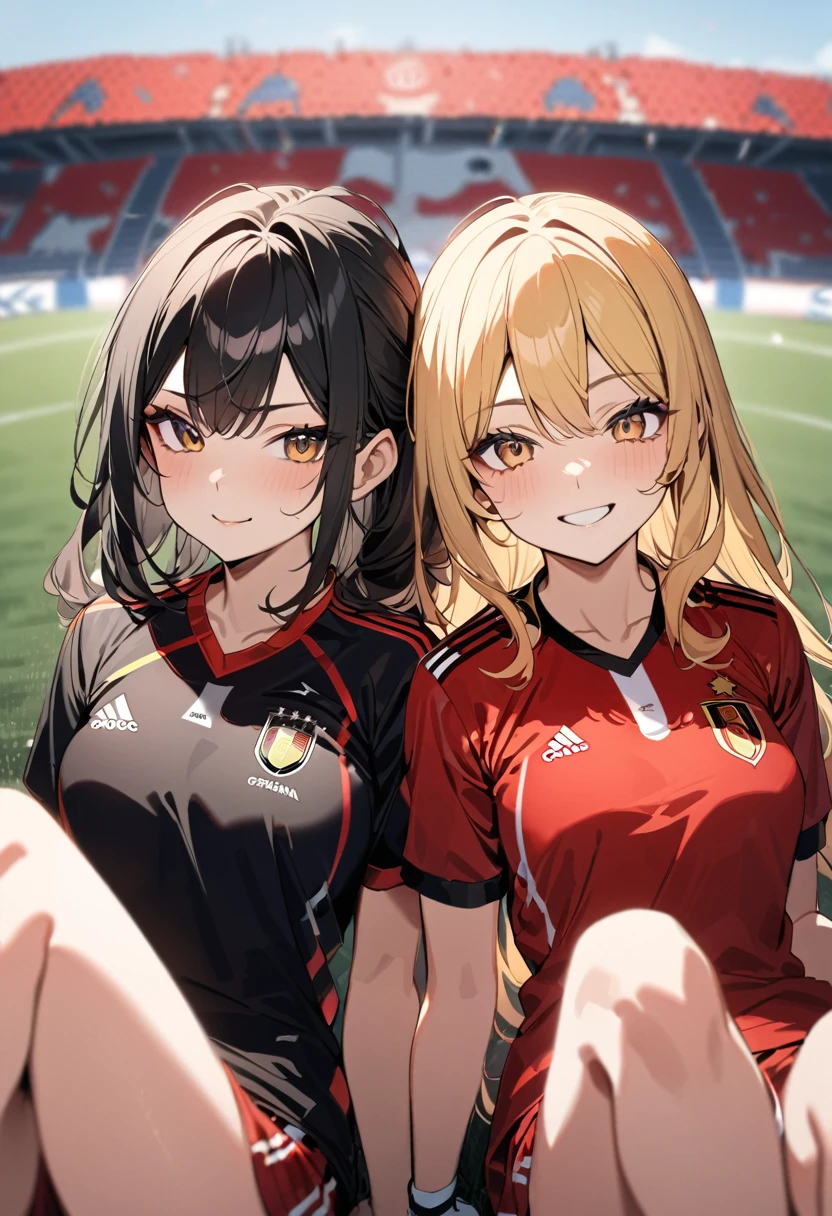 (award winning, 8k, super detailed, high resolution, best quality) , photography, (two girls), girl on the left with blonde hair in ((spain soccer uniform)) and smirk expression, girl on the right with black hair in ((germany soccer uniform)) and (timid expression), (sitting side by side), ((beautiful girls)), watching football.