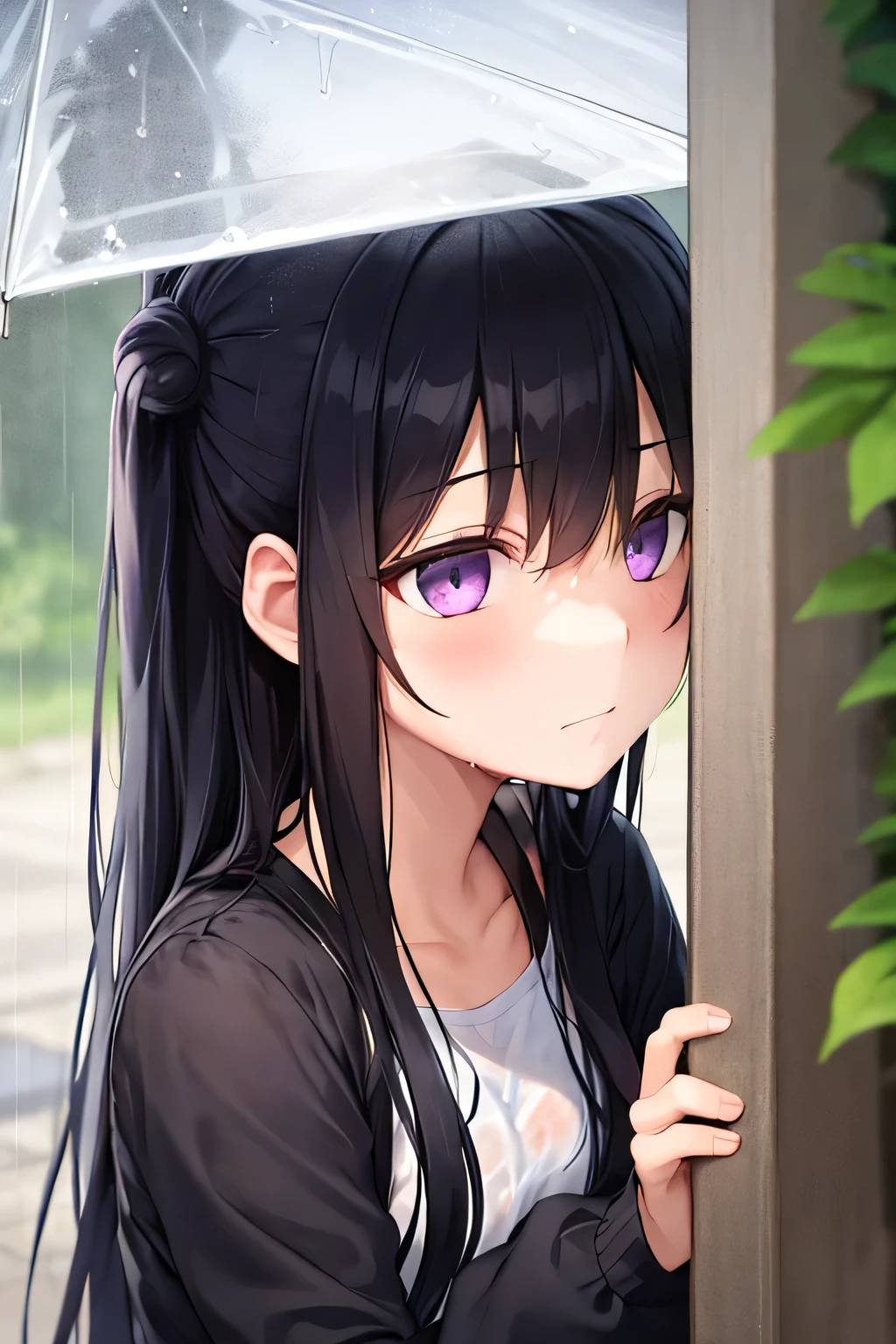 A girl with long black hair tied in two buns, purple eyes, wearing wet casual clothes, was sheltering from the rain with a shy expression on her face.