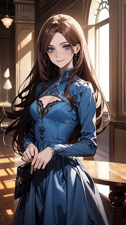 (Highest quality,High resolution,Very detailed),1 Girl, Beautiful and elegant light blue eyes, Brown Hair, Cold Smile,Long Hair,Blue Party Dresses,Formal wear, Small breasts, 27 years old,Cruel smile, , Pale complexion, thin, Calm, Party Venue,Blue long sleeve dress
