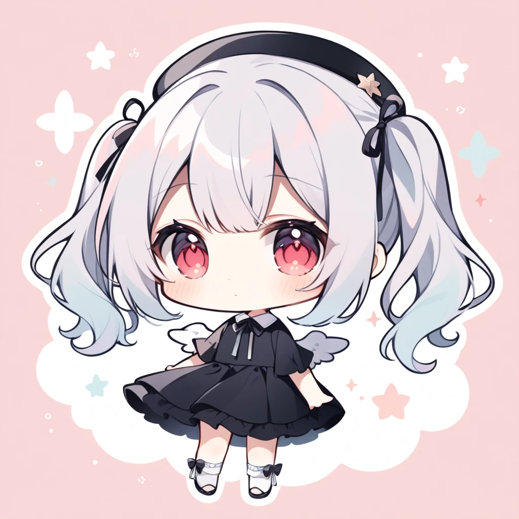 pastel colors, chibi, (little angel:1.5), 1girl, red eye, twin tails, silver hair, ahoge, black ribbon, black dress