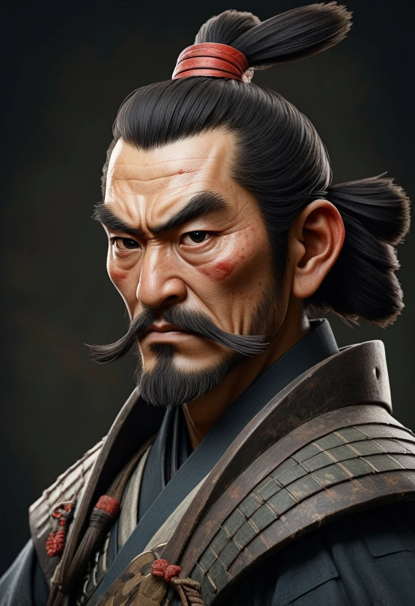 Japanese samurai, feudal Japan portrait, high quality, realistic, faded image, lines, dark background