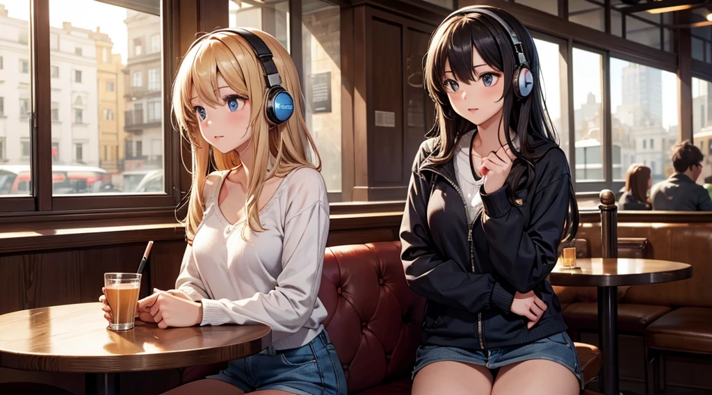 Girl with headphones enjoying music in a cafe I am studying Emphasize a little bit of the chest
