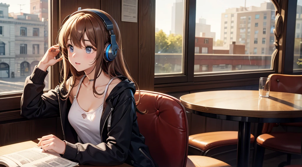 Girl with headphones enjoying music in a cafe I am studying Emphasize a little bit of the chest