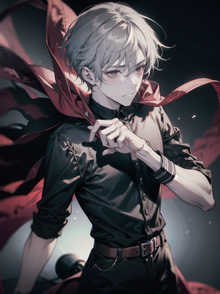 1 boy, bar background simple background, delicate eyes, boy with gray hair and cat ear, red eye, wearing black shirt, dynamic lighting, dynamic effect, cinematic light, Best quality, highly detailed, masterpiece, ultra detailed, waist up, anime