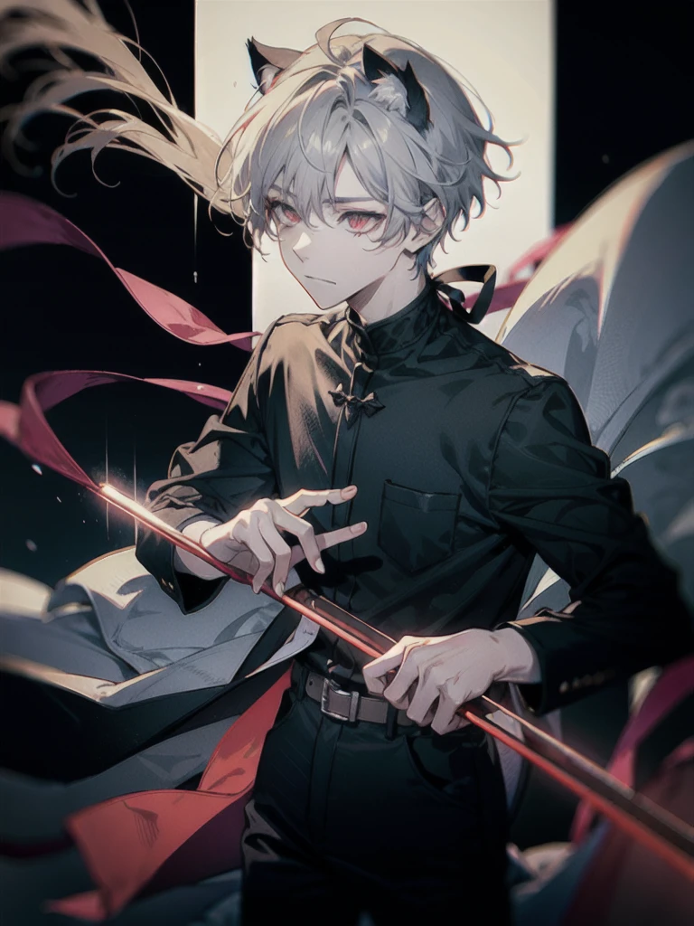 1 boy, bar background simple background, delicate eyes, boy with gray hair and cat ear, red eye, wearing black shirt, dynamic lighting, dynamic effect, cinematic light, Best quality, highly detailed, masterpiece, ultra detailed, waist up, anime