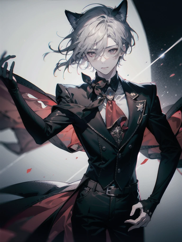 1 boy, bar background simple background, delicate eyes, boy with gray hair and cat ear, red eye, wearing black shirt, dynamic lighting, dynamic effect, cinematic light, Best quality, highly detailed, masterpiece, ultra detailed, waist up, anime