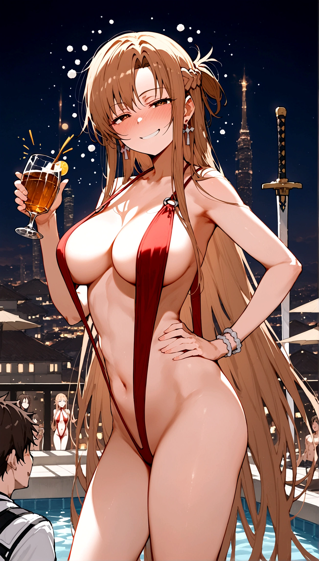 score_9,score_8_up,score_7_up,18 year old,female focus,1girl,asuna \(sao-alo\), sword art online,yuuki asuna,nsfw,brown eyes, brown hair, long hair, bangs, braid,standing,legs up,hand on hip, holding cup,(drunk-smirk),blush,large breasts,brown hair,parted hair,long hair,red Slingshot swimsuit,plunging neckline,center opening,cleavage,navel,earrings,bracelet,roof pool-party,cityscape,night ,multiple-black people,surrounding by 5 strong boys(big male harem)