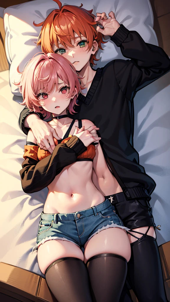 Laying on person, 2boys, cross dressing, shorts, croptop, sweater, short hair, orange hair, pink hair, red eyes, green eyes, femboy, trap, yaoi, laying on another, hugging, holding hip, 