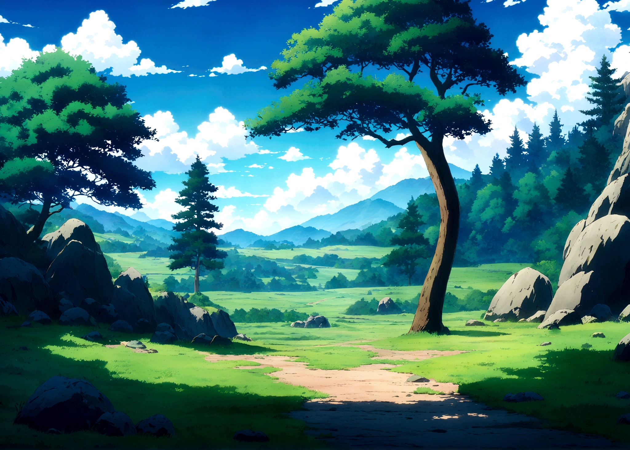 
anime - style painting of a tree in a grassy field with rocks, anime countryside landscape, anime landscape, anime landscape wallpaper, anime background art, beautiful anime scenery, anime background, anime beautiful peace scene, anime scenery, anime movie background, anime nature, anime scenery concept art, colorful anime movie background, beautiful anime scene, anime scene, beautiful landscape background