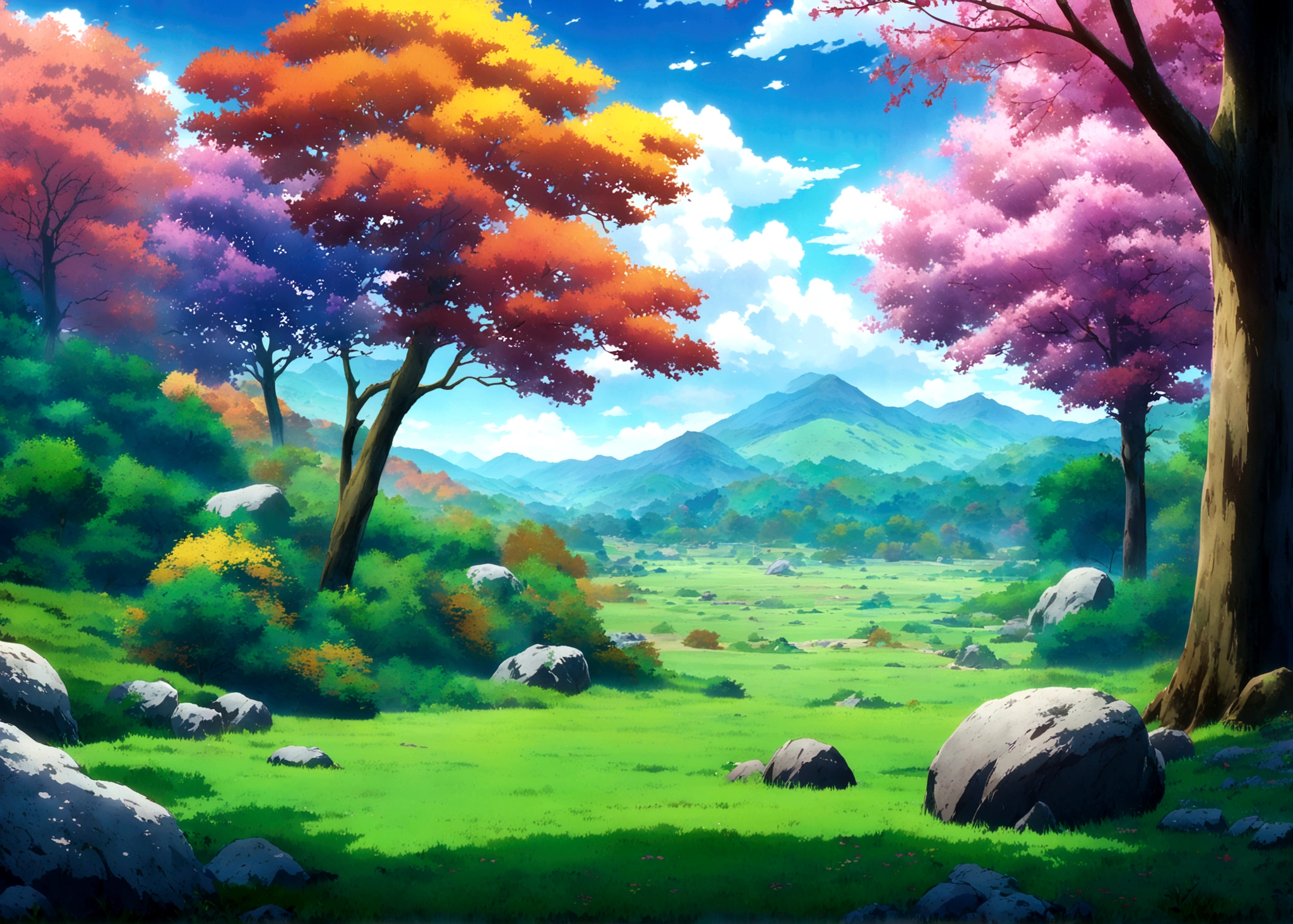 anime - style painting of a tree in a grassy field with rocks, anime countryside landscape, anime landscape, anime landscape wallpaper, anime background art, beautiful anime scenery, anime background, anime beautiful peace scene, anime scenery, anime movie background, anime nature, anime scenery concept art, colorful anime movie background, beautiful anime scene, anime scene, beautiful landscape background