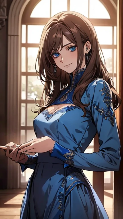 (Highest quality,High resolution,Very detailed),1 Girl, Beautiful and elegant light blue eyes, Brown Hair, Cold Smile,Long Hair,Blue Party Dresses,Formal wear, Small breasts, 27 years old,Cruel smile, , Pale complexion, thin, Calm, Party Venue,Blue long sleeve dress
