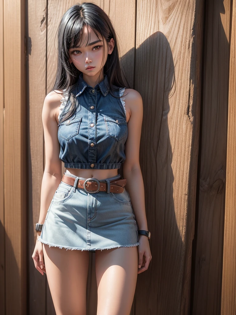 1 Girl, alone,Black Hair,(watch:1.2),White sleeveless collared shirt,(Denim mini skirt:1.2),(Tea belt:1.2),Attractive face:1.6, Perfect light, 8K, masterpiece:1.2, Very detailed, Realistic:1.37, Full HD, Standing in front of a wooden wall,Cowboy photographed from the front