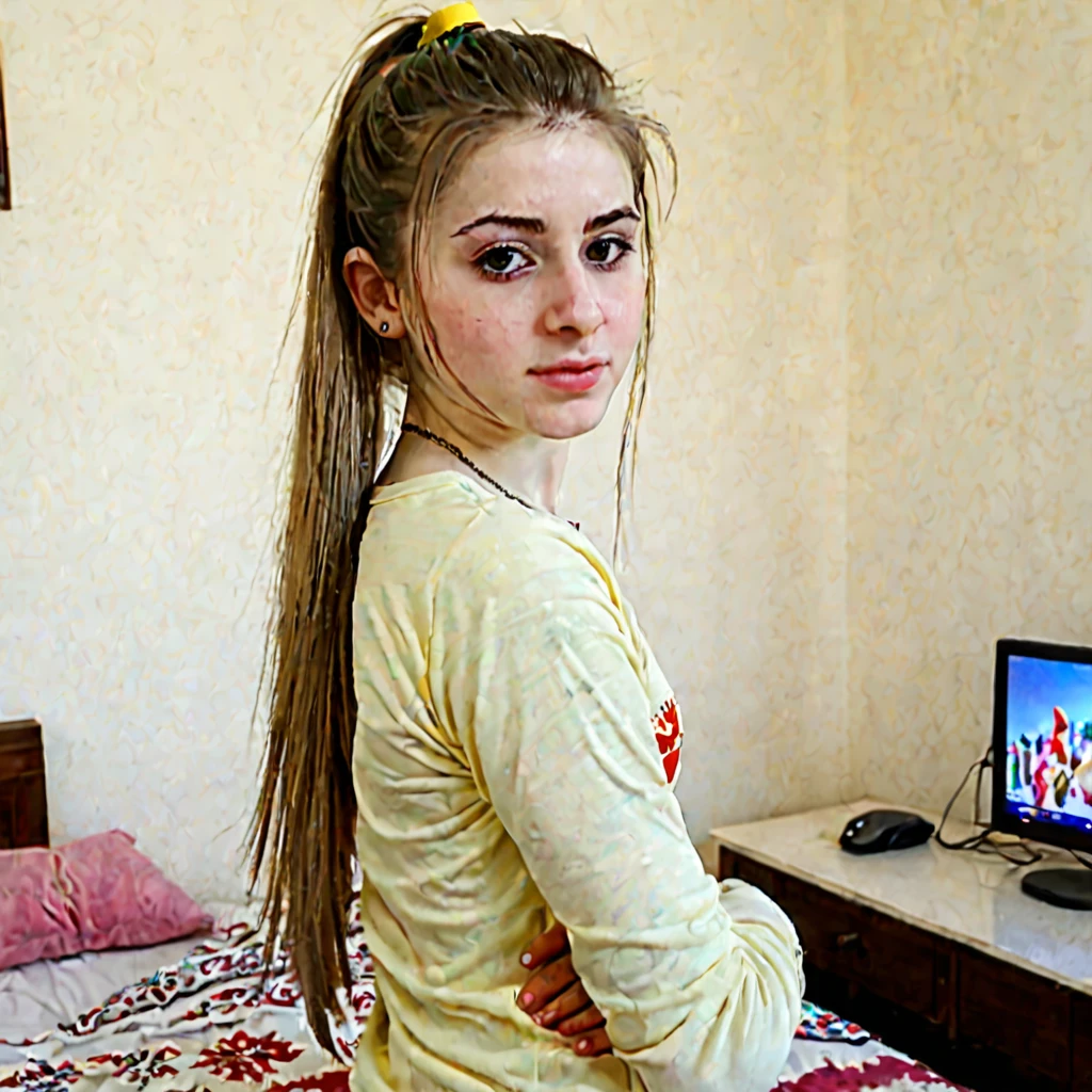 Ponytail hair pale skin kurdish teen in room 