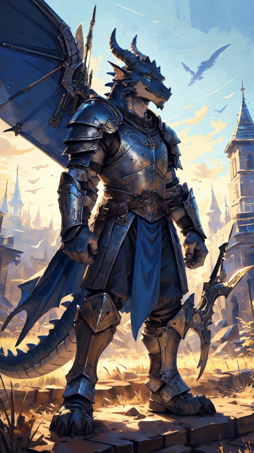 ((middle Ages:1.3，Range background:1.5))，Royal Family:1.2，((Heavy Crossbow:1.5))，((sunny:1.4))，high resolution，4K，(((9:16 Whole body:1.1，Strike a pose:1.5)))，masterpiece，high quality，((dragon))，male，dragonFurry，(teenager:1.3)，hairy，((Heroic and Calm:1.4))，(((Slender face:1.2，Lean:1.2，Long legs:1.3，Thick dragon tail:1.2)))，(((Gray head:1.2，Blue pupils:1.2，neck:1.3，Gray Hands:1.4，muscle:1.3)))，(((White Armor:1.3，There is a blue flag on the armor:1.4)))，Exquisite eyes，Detailed body，Detailed hands，Detailed feet，Kenket&#39;s Art