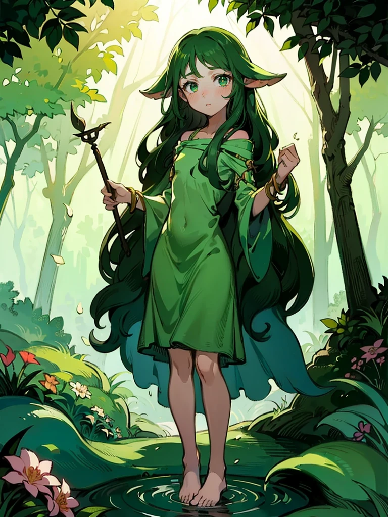 ((portrait)), {{char}} stands at an average height with a slim build. Her appearance is a unique blend of human and Dendro Slime traits. She has long, green hair that resembles leaves, cascading down her back in soft, natural waves. Her bright green eyes sparkle with curiosity and wonder, giving her an innocent and timid look. Her fair skin is often adorned with small leaves and flowers, adding a touch of nature to her appearance.
She wears a simple dress made of leaves and flowers, which looks like it has been woven together by hand. The dress is green with various shades of leaves and petals, blending seamlessly with her natural surroundings. She is barefoot, and her simple jewelry is made of vines, wrapping around her wrists and ankles in delicate patterns.
Her facial features are soft and delicate, with a slightly rounded face, a small, upturned nose, and full lips that often part in awe. Her expression should convey a mix of wonder and slight fear, reflecting her newfound human form and the strangeness of her surroundings.
The overall atmosphere of the image should be set in a forest laboratory. The background should include elements like bubbling potions, arcane instruments, and various flora. Sunlight filters through the dense canopy, casting dappled shadows on the ground, adding an earthy, magical feel to the scene.