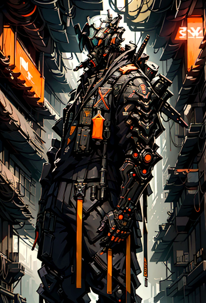 masterpiece, photography style, 9k, sharp, cyberpunk citizen, slim, cargo pants, dark clothe, futuristic style, light and shadow, night, photo, epic resolution, high quality, looking at the viewer, cyberpunk background, armored, helmet, lights