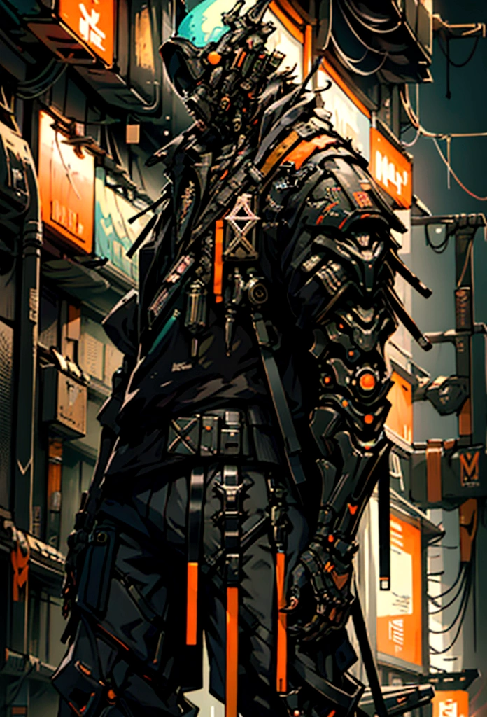 masterpiece, photography style, 9k, sharp, cyberpunk citizen, slim, cargo pants, dark clothe, futuristic style, light and shadow, night, photo, epic resolution, high quality, looking at the viewer, cyberpunk background, armored, helmet, lights