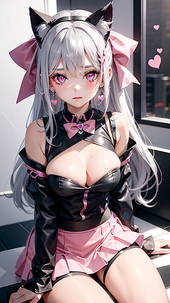 Silver hair, pink eyes, body, cat ears, sexy girl, earrings, hearts background fantasy, red pink skirt uniform, hair bows, sit down 