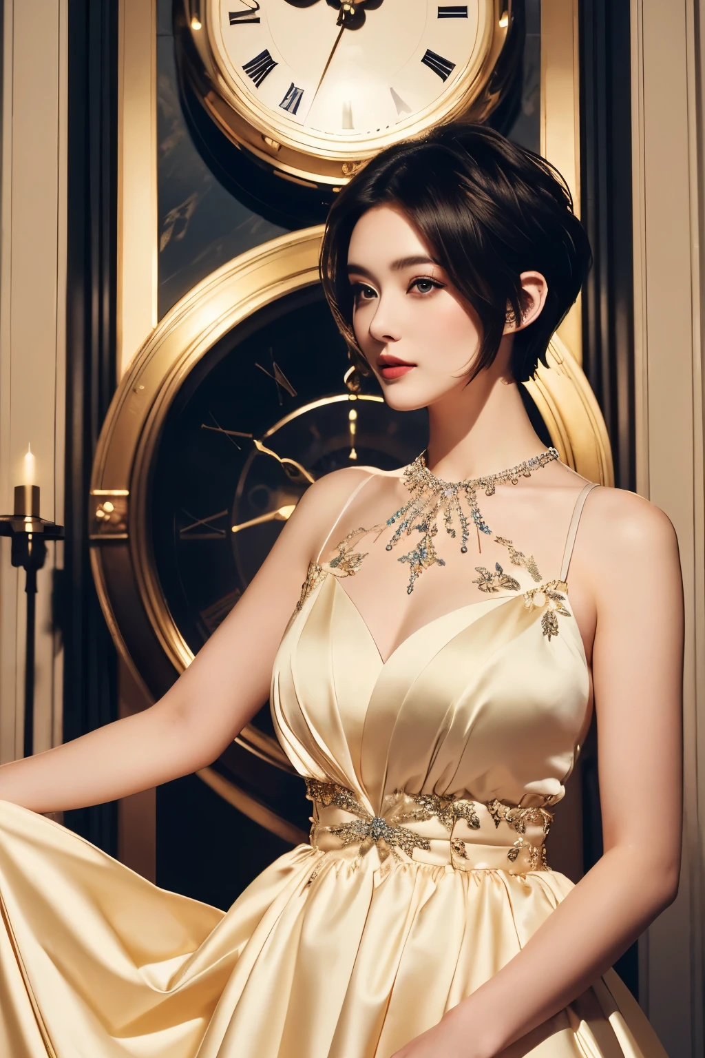 8K, masterpiece, Beautiful short-haired woman in elegant dress with clock in the background,