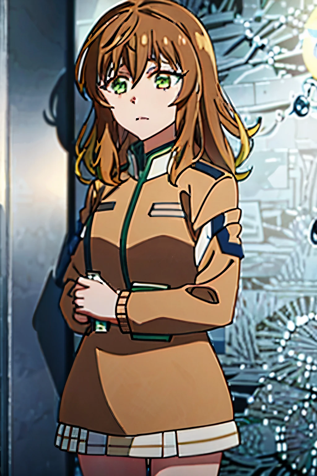 1girl, solo, Amicia Michella, Brown hair, green eyes,anime,red Uniform,